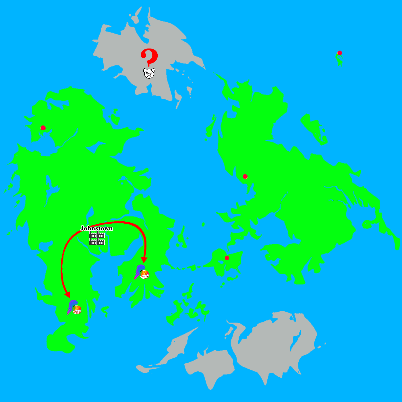 Au sud, on observe les schémas migratoires de l'espèce de base qui traversent la région de Johnstown. Sur l'île au nord quasi-inhabitée, on signale la présence de pegaclowns blancs.